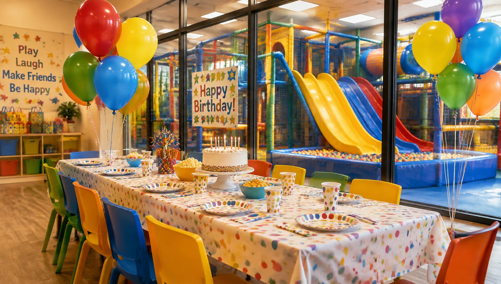 Concept render of a kids’ birthday party room beside soft play